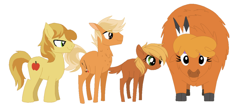 Size: 1226x536 | Tagged: safe, artist:thepegasisterpony, derpibooru import, braeburn, little strongheart, oc, oc:amber apple, oc:archer apple, buffalo, earth pony, hybrid, pony, base used, bisony, braeheart, cloven hooves, family, female, interspecies, interspecies offspring, male, missing accessory, offspring, older, parent:braeburn, parent:little strongheart, parents:braeheart, shipping, simple background, stallion, straight, transparent background