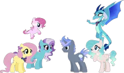 Size: 1427x852 | Tagged: safe, artist:thepegasisterpony, derpibooru import, fluttershy, princess ember, oc, oc:iridescent, oc:rose gold, oc:spectrum blitz, oc:summer azure, dracony, dragon, hybrid, pegasus, pony, unicorn, adopted offspring, bloodstone scepter, dragon lord ember, embershy, family, female, interspecies offspring, jewelry, lesbian, male, offspring, parent:discord, parent:fluttershy, parent:princess ember, parents:embershy, pendant, shipping, simple background, stallion, transparent background