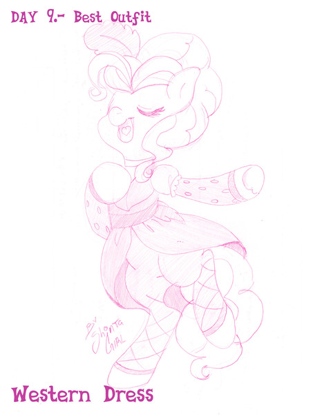 Size: 1280x1696 | Tagged: artist:shinta-girl, burlesque, clothes, derpibooru import, dress, februpony, monochrome, pinkie pie, safe, saloon dress, saloon pinkie, traditional art