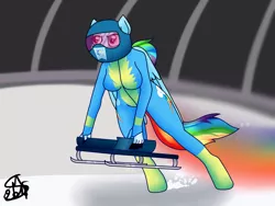 Size: 1024x768 | Tagged: anthro, artist:spokenmind93, clothes, cutie mark, derpibooru import, equestrian flag, gloves, helmet, rainbow dash, safe, signature, skeleton, sleigh, sports, tail, unguligrade anthro, uniform, winter olympics