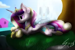 Size: 3000x2000 | Tagged: safe, artist:spyrophantom, derpibooru import, princess cadance, alicorn, pony, crystal empire, female, grass, mare, shade, signature, solo, tree