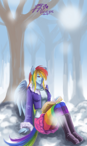 Size: 2480x4144 | Tagged: artist:zakurarain, book, boots, clothes, derpibooru import, eared humanization, human, humanized, jacket, pantyhose, rainbow dash, rainbow socks, reading, safe, shoes, skirt, skirt lift, smiling, snow, socks, solo, striped pantyhose, striped socks, tail, tailed humanization, tanks for the memories, tree, upskirt, winged humanization, wings, winter