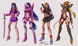 Size: 1024x615 | Tagged: alicorn, artist:zakurarain, boots, breasts, clothes, derpibooru import, garters, guitar, human, humanized, kill la kill, panties, rainbow dash, shoes, stockings, suggestive, sword, thigh highs, twilight sparkle, twilight sparkle (alicorn), underwear, watermark, weapon