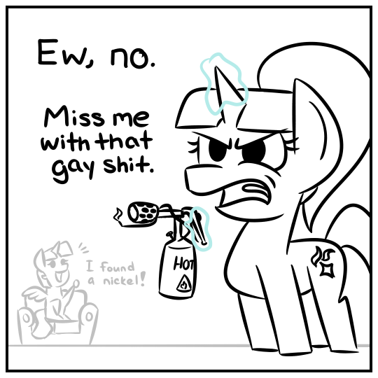 Size: 540x540 | Tagged: safe, artist:glimglam, derpibooru import, starlight glimmer, twilight sparkle, twilight sparkle (alicorn), alicorn, pony, couch, dialogue, disgusted, duo, female, flamethrower, grayscale, homophobia, levitation, magic, mare, monochrome, nickel, open mouth, shipping denied, simple background, straightlight glimmer, telekinesis, that gay shit, vulgar, weapon, white background