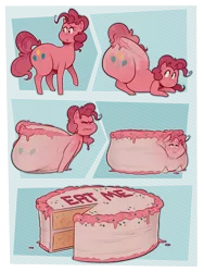 Size: 2400x3200 | Tagged: semi-grimdark, suggestive, artist:secretgoombaman12345, derpibooru import, pinkie pie, earth pony, pony, balloonbutt, butt, cake, cakie pie, cellular peptide cake (with mint frosting), chubby, comic, eyes closed, face down ass up, fat, female, food, food transformation, frosting, high res, imminent vore, implied vore, inanimate tf, pudgy pie, solo, solo female, sprinkles, straining, transformation, transformation sequence, wat