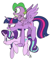 Size: 800x1000 | Tagged: safe, artist:emositecc, derpibooru import, spike, starlight glimmer, twilight sparkle, twilight sparkle (alicorn), alicorn, dragon, pony, unicorn, carrying, dragons riding ponies, female, floppy ears, flying, grin, holding a pony, mare, riding, simple background, smiling, spread wings, transparent background, trio, wings, worried