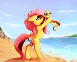 Size: 2500x2000 | Tagged: dead source, safe, artist:miokomata, derpibooru import, fluttershy, oc, oc:non toxic, monster pony, original species, pegasus, pony, tatzlpony, baby, baby pony, beach, cute, cute little fangs, duo, fangs, female, foal, folded wings, freckles, heart, lifting, looking at each other, mare, ocbetes, shyabetes, smiling, tatzlbetes, water
