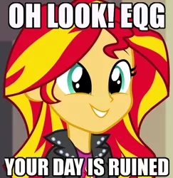 Size: 692x712 | Tagged: safe, derpibooru import, sunset shimmer, equestria girls, rainbow rocks, blatant lies, equestria girls drama, image macro, irony, meme, shitposting, your day is ruined