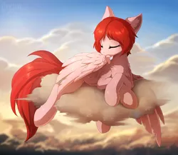 Size: 1280x1110 | Tagged: safe, artist:hioshiru, derpibooru import, oc, oc:weathervane, unofficial characters only, pegasus, pony, cloud, crossed hooves, eyes closed, preening, prone, sky, solo, wing noms