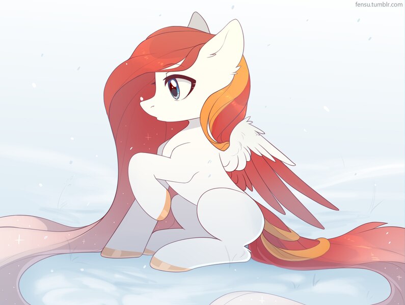 Size: 2560x1932 | Tagged: safe, artist:fensu-san, derpibooru import, oc, unofficial characters only, pegasus, pony, female, mare, raised hoof, sitting, snow, solo, spread wings, wings