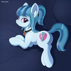 Size: 2048x2048 | Tagged: safe, artist:negasun, derpibooru import, sonata dusk, ponified, earth pony, pony, cutie mark, equestria girls ponified, female, jewelry, looking at you, looking back, looking back at you, lying down, mare, necklace, side, smiling, solo
