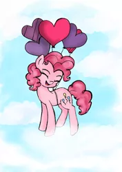 Size: 1000x1414 | Tagged: safe, artist:danger-dashz, derpibooru import, pinkie pie, earth pony, pony, balloon, cute, eyes closed, female, floating, heart balloon, mare, sky, smiling, solo, then watch her balloons lift her up to the sky