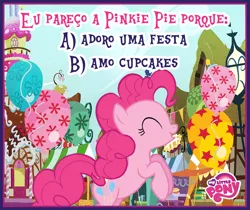 Size: 940x788 | Tagged: balloon, brazil, brazilian portuguese, derpibooru import, eyes closed, facebook, my little pony logo, official, pinkie pie, ponyville, portuguese, safe, solo, sugarcube corner, translated in the description