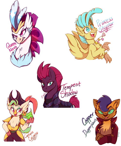 Size: 1393x1677 | Tagged: safe, artist:esmeia, derpibooru import, capper dapperpaws, captain celaeno, princess skystar, queen novo, tempest shadow, abyssinian, anthro, cat, classical hippogriff, hippogriff, pony, my little pony: the movie, anthro with ponies, beauty mark, ear piercing, earring, female, jewelry, piercing, simple background, white background