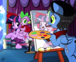 Size: 1228x1006 | Tagged: safe, artist:dsana, derpibooru import, spike, twilight sparkle, twilight sparkle (alicorn), oc, oc:stainless key, alicorn, dragon, pegasus, pony, artist, baby, baby dragon, beret, book, bust, canvas, cape, clothes, curtains, cute, cutie mark, dragons riding ponies, easel, electric fan, fan, female, fine art parody, folded wings, glasses, glasses off, green eyes, hat, horn, mare, napoleon bonaparte, napoleon crossing the alps, painting, palette, portrait, pose, riding, scales, scarf, signature, spikabetes, twiabetes, twilight's castle, wings