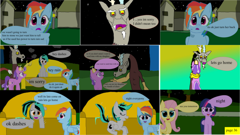 Size: 3853x2166 | Tagged: 1000 hours in ms paint, alicorn, artist:closingrain, artist:mellowbomb, comic, comic:calamity fateful, derpibooru import, dialogue, discord, fluttershy, oc, oc:closingrain, safe, screwball, twilight sparkle, twilight sparkle (alicorn)