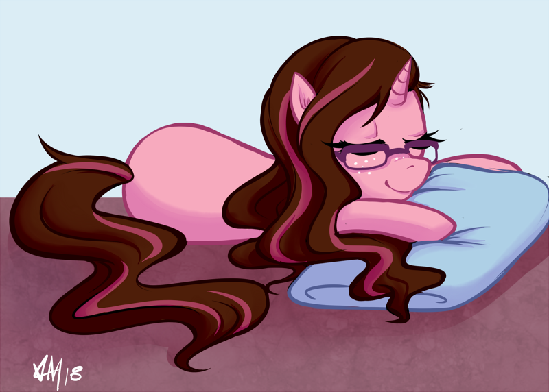 Size: 800x572 | Tagged: safe, artist:emberfan11, derpibooru import, oc, oc:opacity, unofficial characters only, pony, unicorn, female, freckles, glasses, mare, pillow, ponysona, sleeping, solo