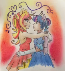 Size: 600x660 | Tagged: safe, artist:fallenangel5414, derpibooru import, sunset shimmer, twilight sparkle, twilight sparkle (alicorn), alicorn, human, equestria girls, alternate costumes, alternate hairstyle, clothes, dancing, dress, female, horned humanization, horns are touching, human coloration, humanized, imminent kissing, lesbian, ponied up, shipping, smiling, sunsetsparkle