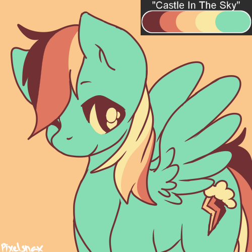 Size: 500x500 | Tagged: safe, artist:pixelsnax, derpibooru import, rainbow dash, pegasus, pony, castle in the sky, female, limited palette, looking at you, mare, one eye closed, orange background, simple background, smiling, solo, spread wings, standing, wings, wink