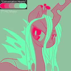 Size: 500x500 | Tagged: artist:pixelsnax, bug pony, bust, changeling, changeling queen, conversation hearts, derpibooru import, female, frown, limited palette, queen, queen chrysalis, safe, solo, spread wings