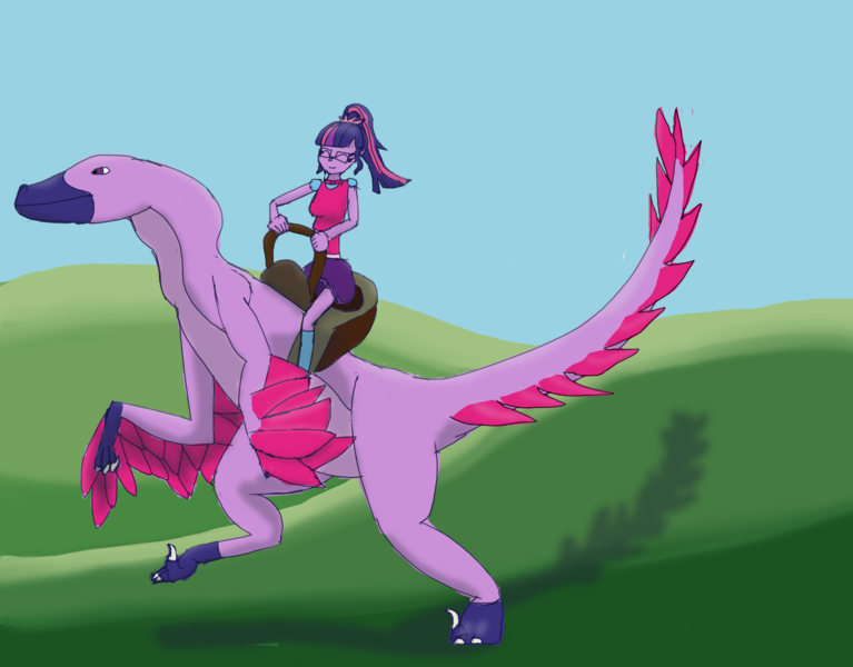 Size: 2048x1603 | Tagged: safe, artist:jongoji245, derpibooru import, sci-twi, twilight sparkle, dinosaur, feathered dinosaur, equestria girls, clothes, cute, eyes closed, glasses, humans riding dinosaurs, ponytail, requested art, riding, saddle, skirt, smiling, tack