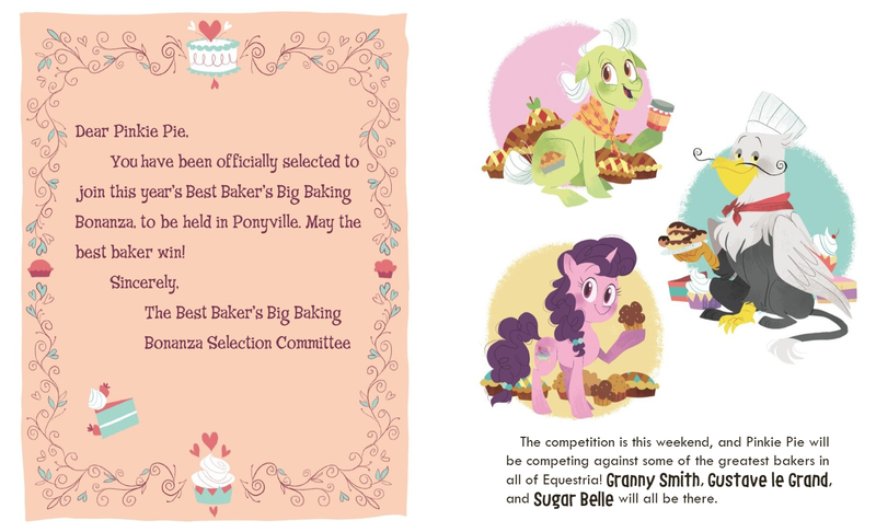 Size: 1507x915 | Tagged: safe, artist:zoe persico, derpibooru import, granny smith, gustave le grande, sugar belle, gryphon, pinkie pie: big baking bonanza, little golden book, preview