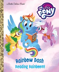 Size: 1988x2400 | Tagged: safe, artist:zoe persico, derpibooru import, official, daring do, rainbow dash, pegasus, pony, daring do adventure collection, daring do and the marked thief of marapore, book, female, filly, flying, little golden book, my little pony logo, pun, reading rainboom