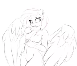 Size: 2100x1800 | Tagged: anthro, artist:madacon, breasts, derpibooru import, featureless breasts, female, fluttershy, mare, monochrome, pegasus, simple background, sketch, solo, solo female, suggestive, wip