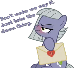 Size: 1500x1373 | Tagged: safe, artist:phucknuckl, derpibooru import, limestone pie, earth pony, pony, blushing, dialogue, envelope, female, holiday, limetsun pie, nose wrinkle, simple background, solo, transparent background, tsundere, valentine's day