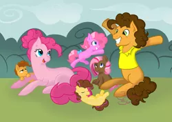 Size: 1024x726 | Tagged: safe, artist:felicity-star, derpibooru import, cheese sandwich, pinkie pie, oc, oc:angel, oc:dainty, oc:spice, oc:sugar, earth pony, pony, alternate hairstyle, blank flank, cheesepie, colt, family, female, filly, hair bun, male, missing cutie mark, offspring, parent:cheese sandwich, parent:pinkie pie, parents:cheesepie, shipping, straight