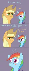 Size: 1280x3072 | Tagged: safe, artist:underpable, derpibooru import, applejack, rainbow dash, pony, :t, blush sticker, blushing, comic, cowboy hat, dialogue, female, frown, hat, lidded eyes, loading, mare, my parents are dead, open mouth, purple background, rainbow douche, rainbow dumb, scrunchy face, shipping denied, simple background, smiling, smirk, stetson, unamused, wide eyes