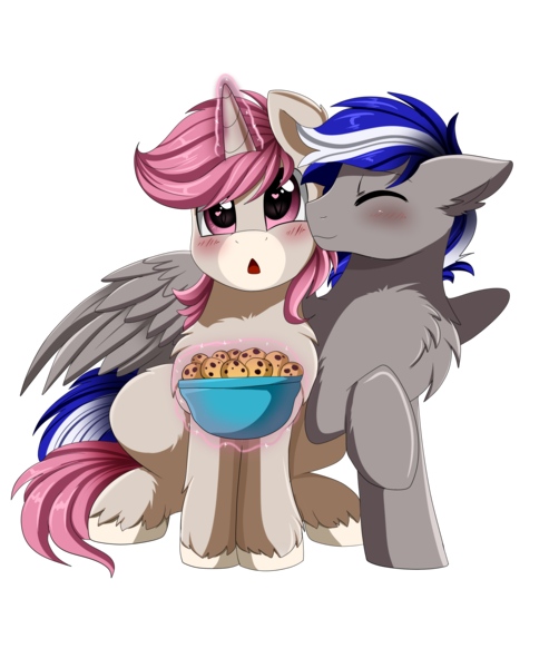 Size: 2300x2800 | Tagged: safe, artist:pridark, derpibooru import, oc, oc:bassy, oc:intrepid charm, unofficial characters only, pegasus, pony, unicorn, blushing, bowl, chest fluff, commission, cookie, cute, ear fluff, eyes closed, food, gay, glowing horn, heart eyes, magic, male, nuzzling, oc x oc, open mouth, shipping, simple background, stallion, transparent background, unshorn fetlocks, wingding eyes