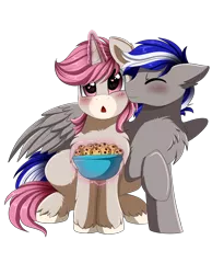 Size: 2300x2800 | Tagged: safe, artist:pridark, derpibooru import, oc, oc:bassy, oc:intrepid charm, unofficial characters only, pegasus, pony, unicorn, blushing, bowl, chest fluff, commission, cookie, cute, ear fluff, eyes closed, food, gay, glowing horn, heart eyes, magic, male, nuzzling, oc x oc, open mouth, shipping, simple background, stallion, transparent background, unshorn fetlocks, wingding eyes