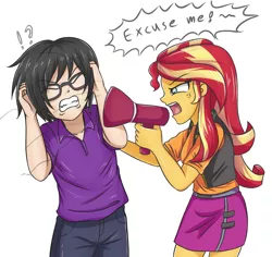 Size: 4547x4287 | Tagged: safe, artist:sumin6301, derpibooru import, sunset shimmer, oc, oc:sumin, equestria girls, absurd resolution, angry, clothes, dialogue, excuse me, eyes closed, glasses, human male, jacket, leather jacket, male, megaphone, shirt, skirt, vest, yelling