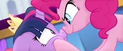 Size: 1920x804 | Tagged: safe, derpibooru import, screencap, pinkie pie, twilight sparkle, twilight sparkle (alicorn), alicorn, earth pony, pony, my little pony: the movie, angry, boop, crown, determined, eye contact, female, floppy ears, frown, glare, jewelry, looking at each other, mare, nose wrinkle, noseboop, regalia, scared, squishy cheeks, surprised, wide eyes