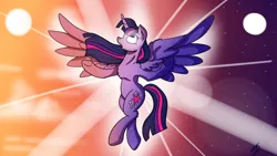 Size: 1280x720 | Tagged: safe, artist:takutanuvataio, derpibooru import, twilight sparkle, twilight sparkle (alicorn), alicorn, pony, female, full moon, glowing eyes, mare, moon, open mouth, solo, spread wings, stars, sun, wings