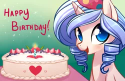 Size: 5100x3300 | Tagged: source needed, safe, artist:starshinebeast, derpibooru import, oc, oc:opuscule antiquity, unofficial characters only, pony, unicorn, birthday, cake, female, food, happy birthday, hat, looking at you, mare, party, party hat, simple background