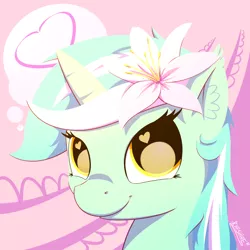 Size: 1200x1200 | Tagged: safe, artist:cheshiresdesires, derpibooru import, lyra heartstrings, pony, unicorn, abstract background, flower, flower in hair, heart, heart eyes, looking at you, smiling, solo, wingding eyes