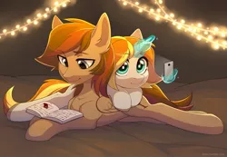 Size: 2560x1775 | Tagged: safe, artist:fensu-san, derpibooru import, oc, oc:caroline sunshine, oc:keman, unofficial characters only, pony, book, caroman, duo, lights, lying, lying on top of someone, magic, mobile phone, phone, reading, smartphone, telekinesis