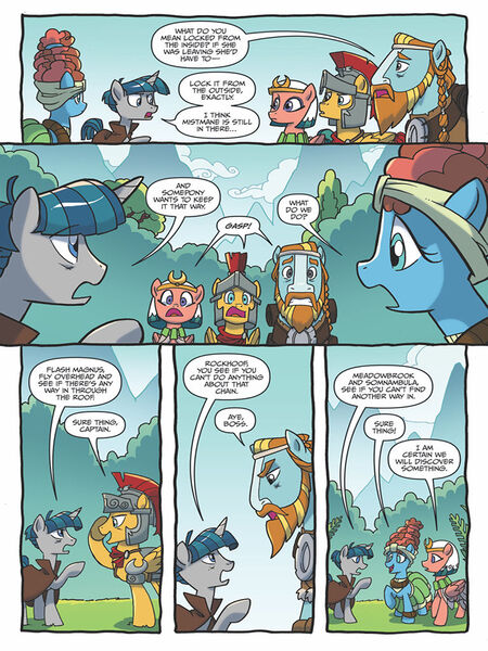 Size: 768x1024 | Tagged: safe, artist:tonyfleecs, derpibooru import, idw, flash magnus, meadowbrook, rockhoof, somnambula, stygian, earth pony, pegasus, pony, unicorn, legends of magic, spoiler:comic, spoiler:comiclom11, beard, comic, facial hair, female, glowpaz, helmet, male, mare, official comic, preview, stallion