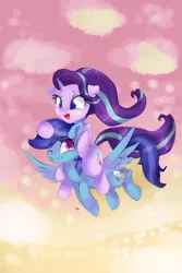 Size: 2000x3000 | Tagged: safe, artist:latia122, derpibooru import, starlight glimmer, oc, oc:sierra nightingale, pegasus, pony, unicorn, canon x oc, duo, evening, female, flight, flying, glimmgale, mare, piggyback ride, ponies riding ponies, riding, self insert