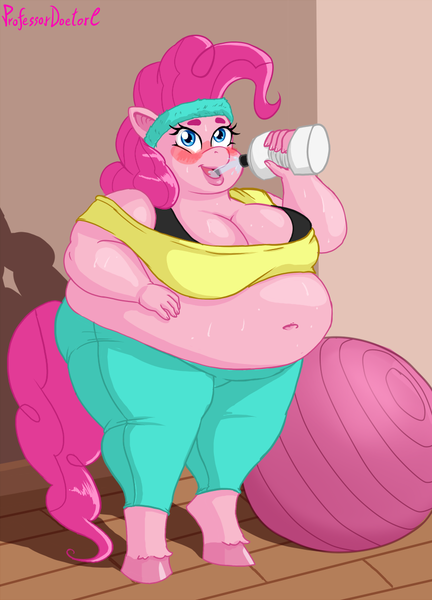 Size: 800x1111 | Tagged: anthro, artist:professordoctorc, bbw, belly button, clothes, derpibooru import, drinking, fat, female, morbidly obese, obese, pants, piggy pie, pinkie pie, pudgy pie, solo, solo female, ssbbw, suggestive, sweat, unguligrade anthro, workout outfit, yoga pants