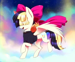 Size: 900x750 | Tagged: safe, artist:jacky-bunny, derpibooru import, songbird serenade, pegasus, pony, my little pony: the movie, bow, clothes, cloud, female, hair bow, mare, night, open mouth, raised hoof, smiling, solo, stars