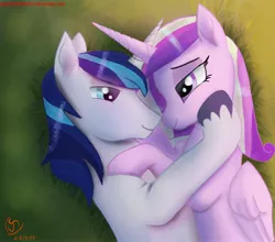 Size: 2550x2244 | Tagged: safe, artist:greenbrothersart, derpibooru import, princess cadance, shining armor, alicorn, unicorn, couple, female, husband and wife, looking at each other, male, mare, married couple, shiningcadance, shipping, smiling, stallion, straight