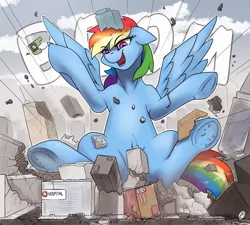 Size: 2000x1800 | Tagged: safe, artist:wolfenstyle, derpibooru import, rainbow dash, pony, city, destruction, evil, giant pony, giant rainbow dash, growth, growth spurt, macro, mega/giant rainbow dash, strategically covered, underhoof