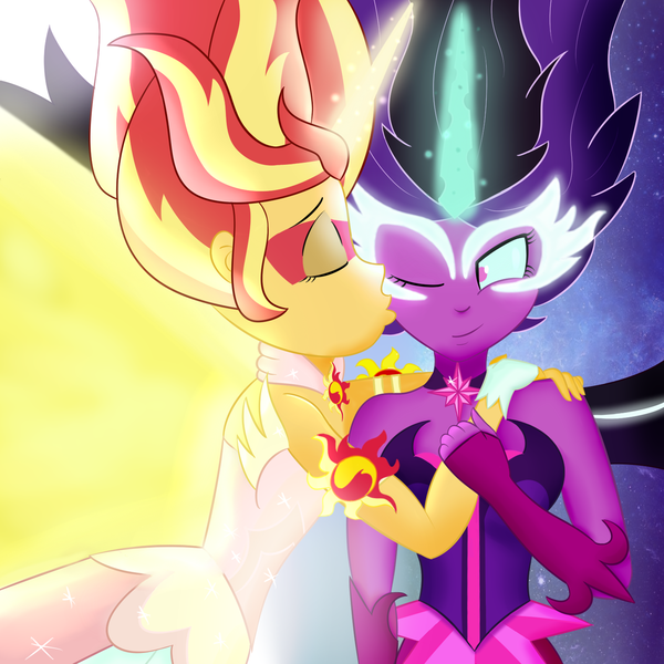 Size: 1500x1500 | Tagged: safe, artist:xethshade, derpibooru import, sci-twi, sunset shimmer, twilight sparkle, equestria girls, friendship games, daydream shimmer, eyes closed, female, kiss on the cheek, kissing, lesbian, midnight sparkle, midnightdaydream, one eye closed, scitwishimmer, shipping, smiling, sunsetsparkle