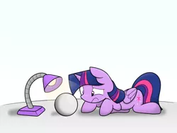 Size: 2000x1500 | Tagged: safe, artist:latie, derpibooru import, twilight sparkle, twilight sparkle (alicorn), alicorn, pony, ball, confused, female, frown, lamp, mare, paint, prank, prone, shadow, simple background, solo, white background