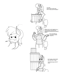 Size: 1585x1931 | Tagged: safe, artist:matchstickman, derpibooru import, big macintosh, sugar belle, anthro, earth pony, unicorn, ..., boxes, clothes, comic, comparison, dialogue, duo, female, hindsight, lifting, male, mare, monochrome, shipping, simple background, stallion, straight, straw in mouth, strong, sugarmac, sweater, weak, white background