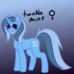 Size: 900x900 | Tagged: safe, artist:eppyminecart, derpibooru import, oc, oc:twinkle mint, unofficial characters only, pony, unicorn, icey-verse, blue background, braces, female, gradient background, magical lesbian spawn, mare, offspring, parent:minuette, parent:trixie, parents:minixie, simple background, solo