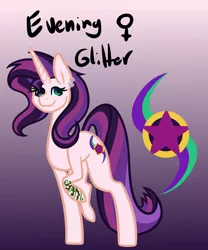 Size: 750x900 | Tagged: safe, artist:eppyminecart, derpibooru import, oc, oc:evening glitter, unofficial characters only, pony, unicorn, icey-verse, ear piercing, earring, female, gradient background, jewelry, magical lesbian spawn, mare, offspring, parent:starlight glimmer, parent:sunset shimmer, parents:shimmerglimmer, piercing, purple background, raised hoof, simple background, solo, tattoo